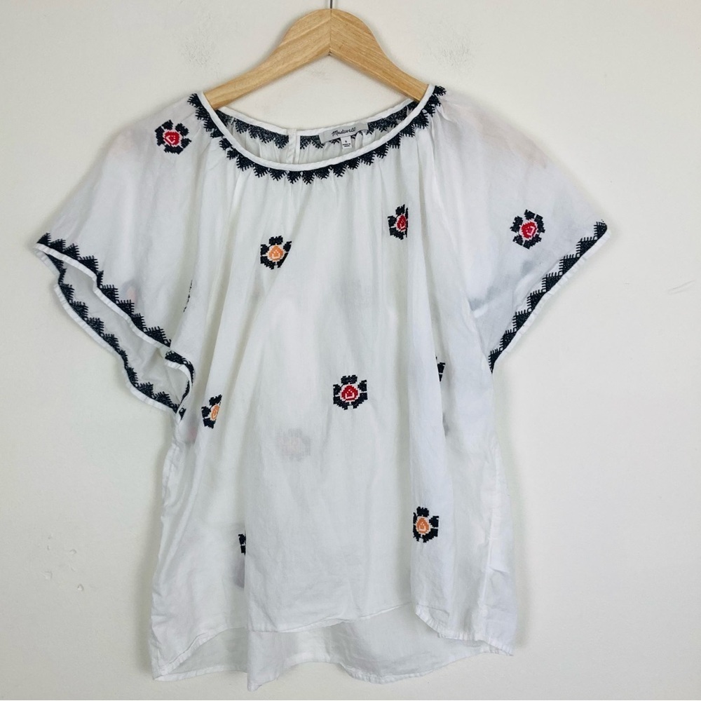 Madewell slightly sheer white cotton top w/ black, red & yellow embroidery. S - Picture 8 of 8